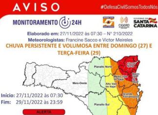 Defesa Civil emite alerta máximo para chuva volumosa e persistente na região