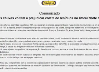 Recicle comunica que serviços de coleta estão prejudicados em toda região