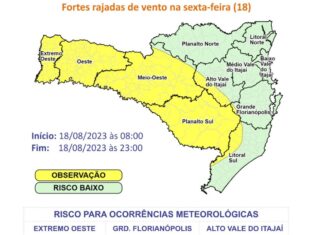 Defesa Civil do Estado alerta para fortes rajadas de vento nesta sexta em Santa Catarina