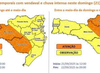 Proteção e Defesa Civil alerta para temporais e fortes ventos no domingo (21/09)