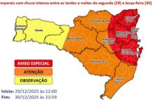 Temporais com chuva intensa elevam risco para alagamentos e deslizamentos em Santa Catarina