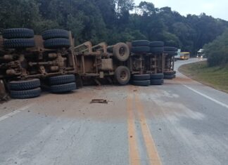 Tombamento de caminhão com carga de toras mantém BR-282 totalmente interditada em Rancho Queimado